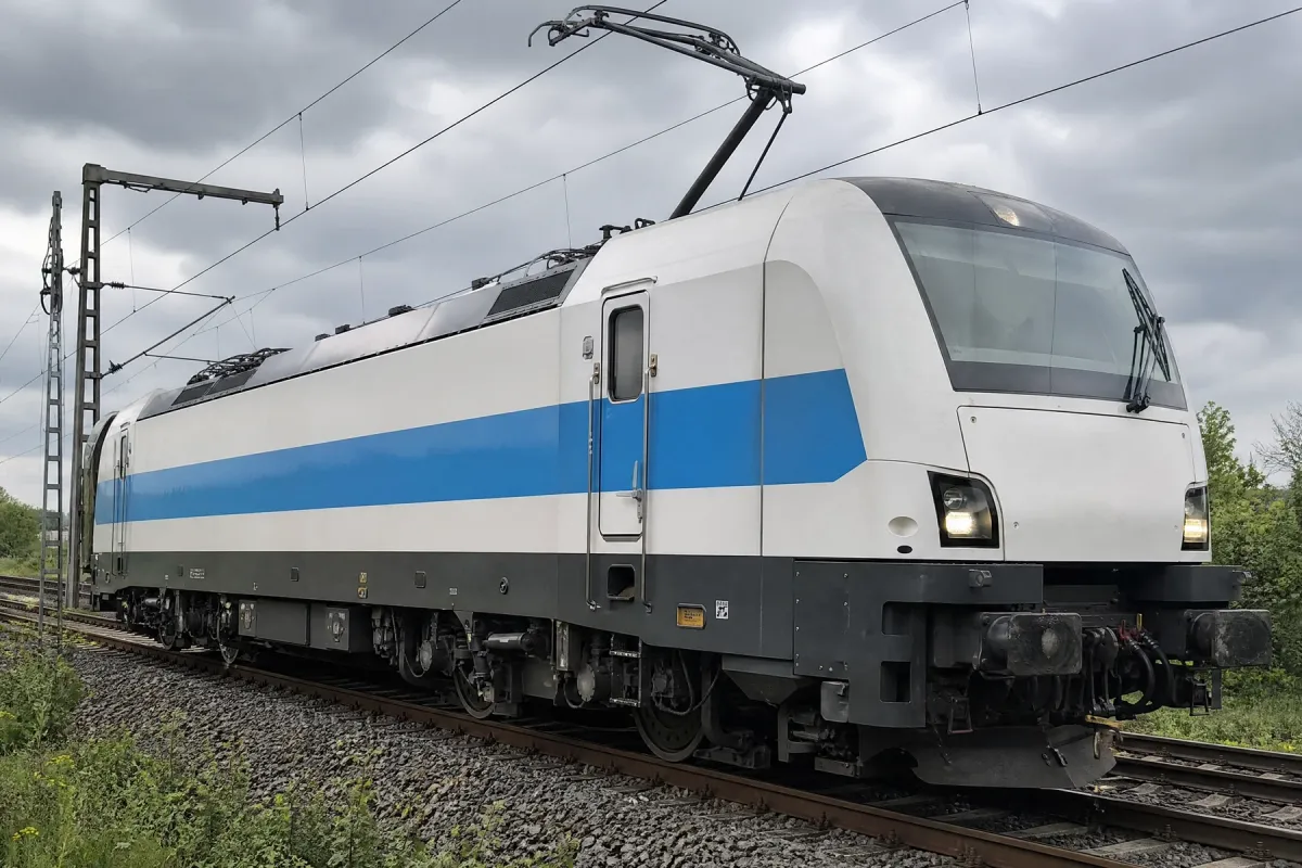Moderne E-Lok mit angelegtem Stromabnehmer unter der Oberleitung.