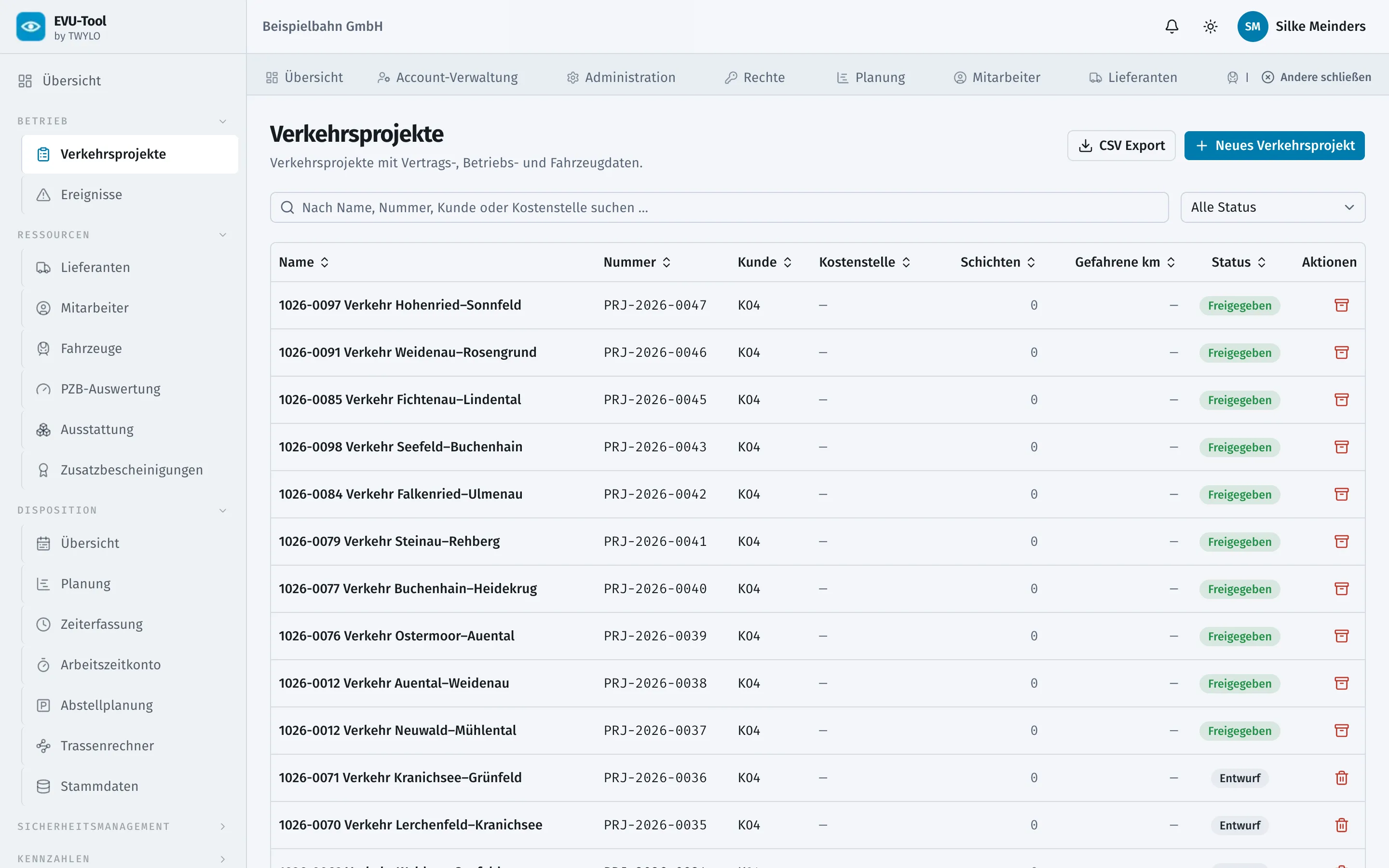 Liste der Verkehrsprojekte mit Nummer, Kunde, Schichten, gefahrenen Kilometern und Freigabestatus.