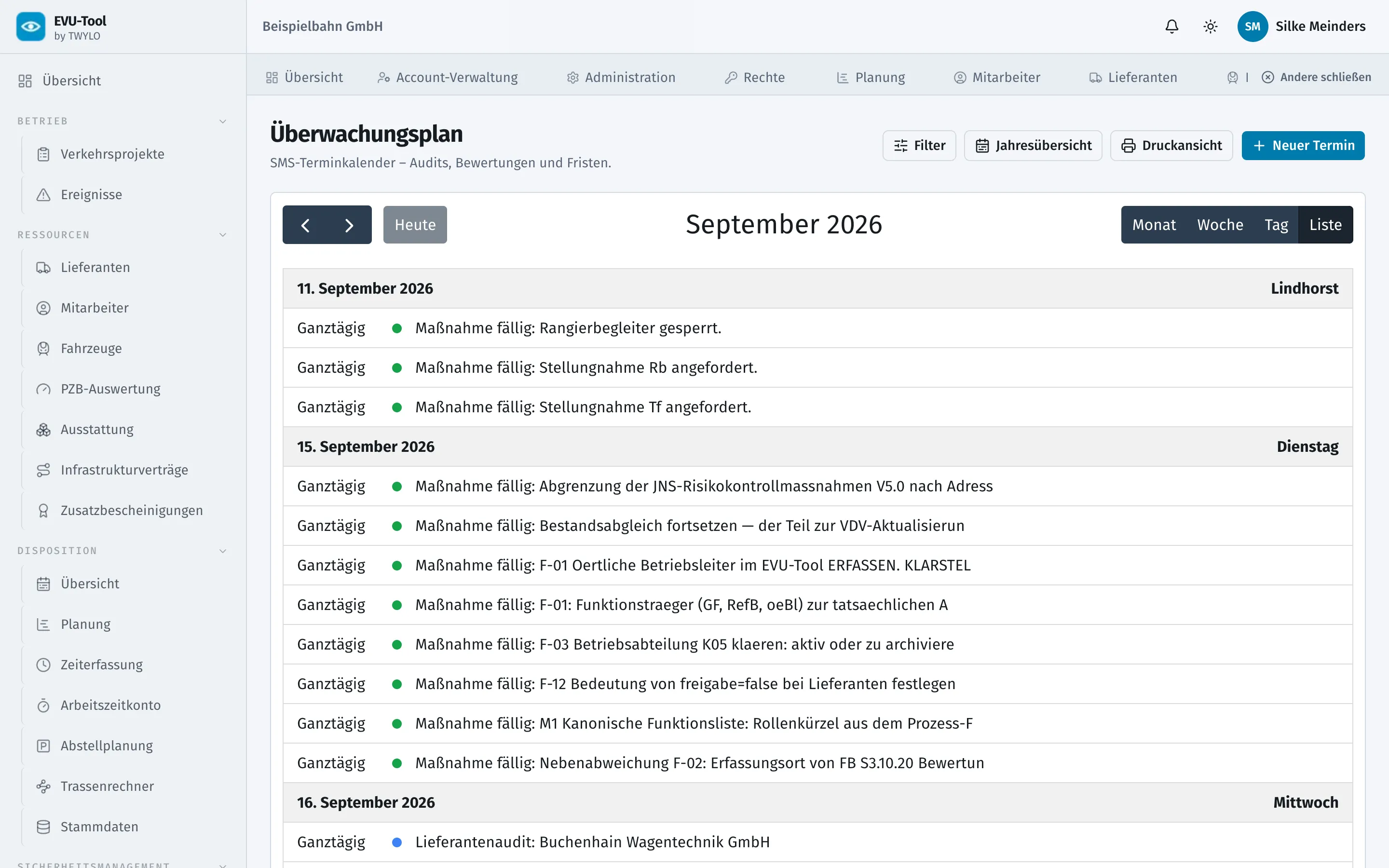 Überwachungsplan in Listenansicht mit fälligen Maßnahmen und einem Lieferantenaudit im September.